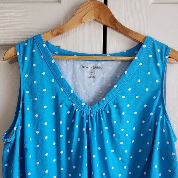 Woman Within Blue White Polka-Dot Sleeveless Top Size LG V-Neck Elastic Waist - Picture 5 of 7